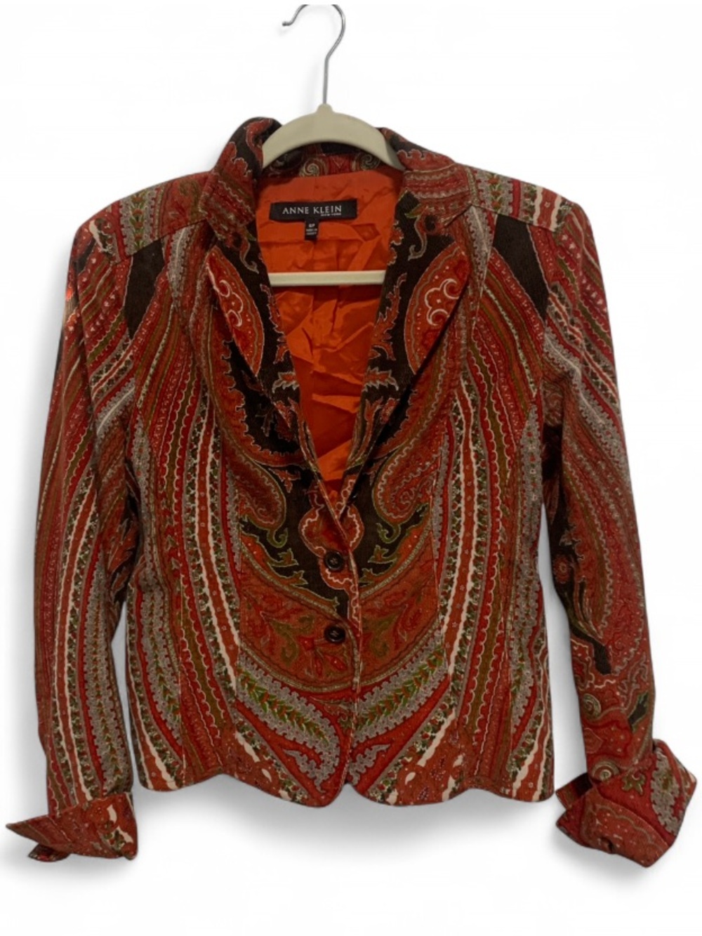 Y2K Anne Klein Orange Red Paisley Button-Front Corduroy Blazer